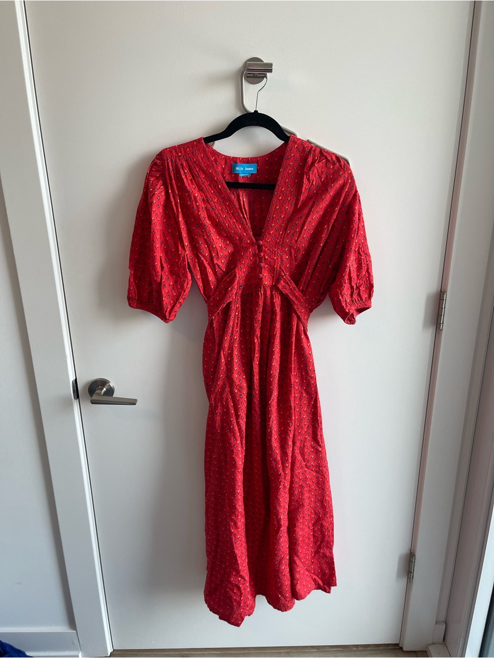M.i.h. Jeans Red Midi Dress with Puff Sleeves